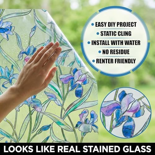 Coavas Window Privacy Film: Stained Glass Window Film Decorative 3D Violets Faux Stained Glass Static Cling Non Adhesive Stickers Sun Heat Blocking for Room Door,Purple, 23.6 x 35.4 Inch - Image 6