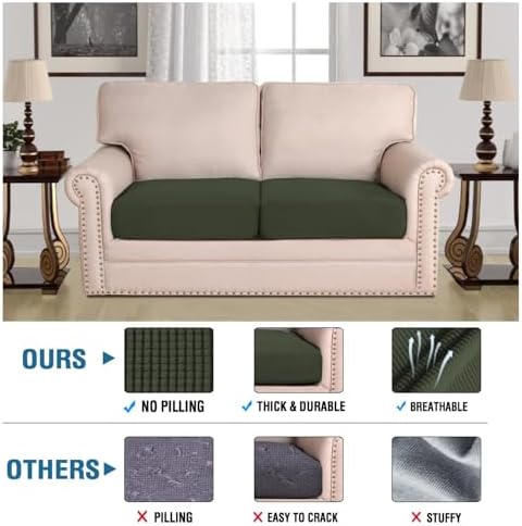 H.VERSAILTEX Super Stretch Individual Seat Cushion Covers Sofa Covers Couch Covers Slipcover Sets Thick Jacquard Textured Twill Fabric (2 Piece Medium Sofa Cushion Covers, Olive) - Image 2