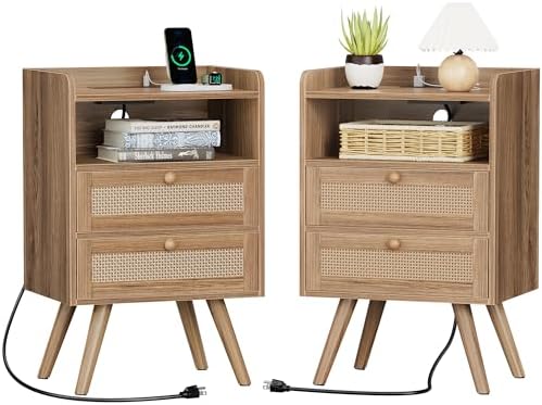 SUPERJARE Night Stand with Charger Station, Boho Rattan Nightstand Set of 2 by SUPERJARE