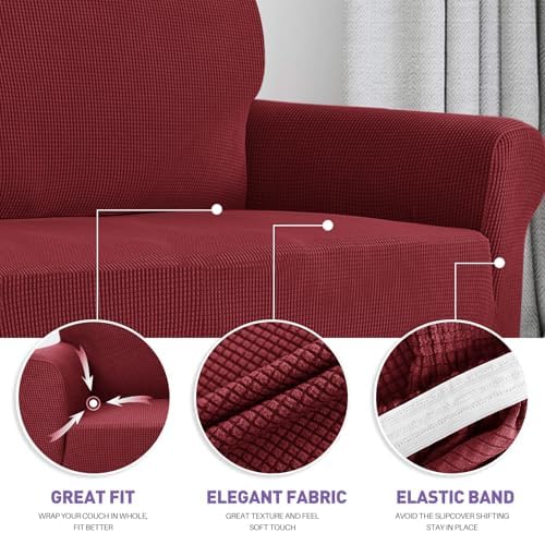 ZNSAYOTX Super Stretch Chair Slipcover Universal Sofa Chair Covers for Living Room Dogs Pet Furniture Protector Spandex Armchair Slipcovers with Anti Slip Foam Sticks (Wine Red, Chair) - Image 3