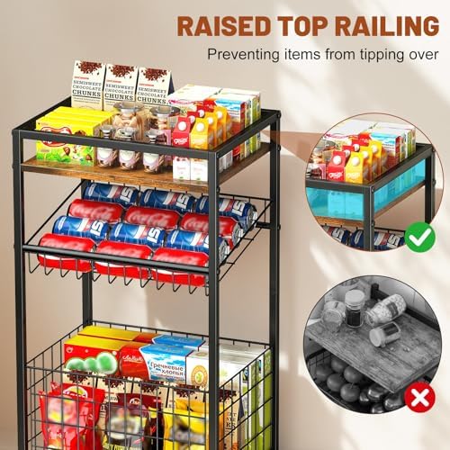 Fruit Vegetable Cart, 3-Tier Snack Cart on Wheels & Wood Top, Brown - Image 4