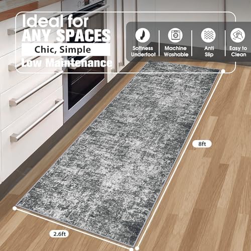 Aelenmu Runner Rugs for Hallways Kitchen 2.6x8 Non Slip Washable Black Grey - Image 2