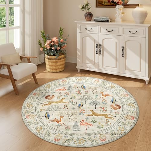 DUKINO 4ft Round Rug, Washable Animal Small Round Area Rug Non Slip, Beige - Image 3