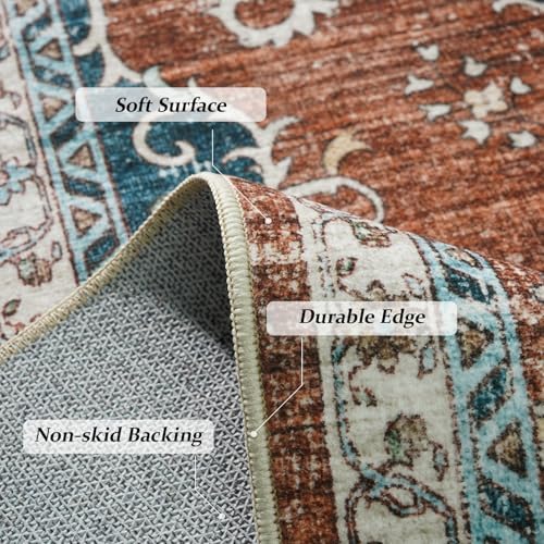 Ksrau 3x8 Runner Rug Washable Vintage: Non Slip Kitchen Runners Brick/Blue - Image 4