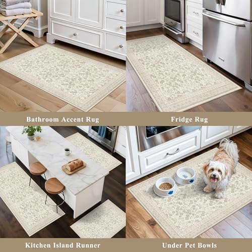 Kitchen Rug Sets 3 Piece, Washable Non-Slip Farmhouse Kitchen Mats for Hardwood Floor, Rustic Floral Boho Runner Rug for Sink,Entryway & Hallway & Bathroom (Beige/Floral,2x3-2x4-2x5) - Image 5