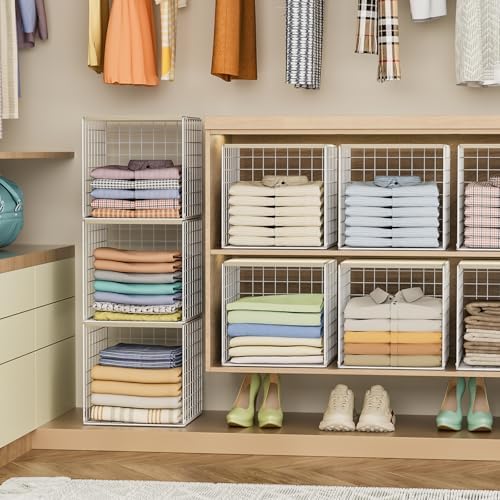 Hencawima 3PCS Stackable Closet Organizers and Storage, Closet Shelves with Wood Top Extra Storage, Clothes Storage Organizer Basket Bin/Cube for Home Wardrobe Organization(White-Sturdy Metal) - Image 6