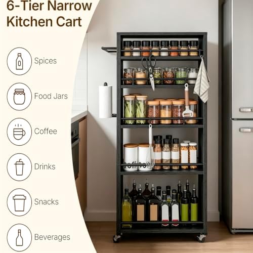 YATINEY 6 Tier Slim Storage Cart, Narrow Kitchen Cart with Wheels, Rolling Utility Cart with Handle and 6 Hooks, Space Saving Organizer for Kitchen, Bathroom, Laundry Room, Black BC11BB - Image 2