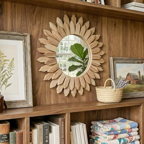 28" Round Sunburst Wooden Mirror Boho Rustic Wall Decor - Image 4