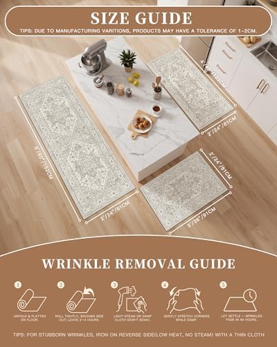 Madane Washable Kitchen Rug Set of 3 Small Area Rugs Non-Slip, Beige/Brown - Image 5
