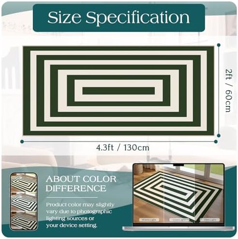 Front Door Mat Indoor Entrance 2x4.3 Modern Green White Striped Rug - Image 2
