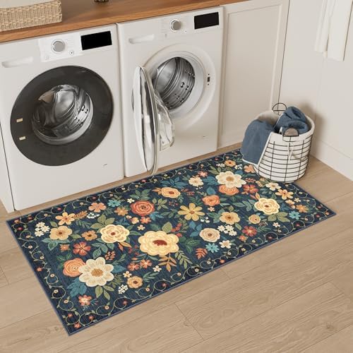 DUKINO 2x4 Entryway Rug, Floral Washable Kitchen Rugs Non Slip, Navy Blue - Image 6