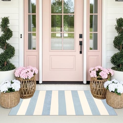 Front Door Mat Indoor Entrance - 2x4.3 Ft Washable Layered Doormat Outdoor Entrance Welcome Mat Front Porch Rug Non-Slip Blue White Striped Runner Rug for Kitchen Bedroom Front Porch Decor - Image 3
