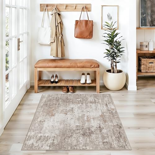 3x3 Square Entryway Rug Washable – Non-Slip Small Area Rug for Kitchen or Bathroom, Soft Low-Pile Indoor Mat, Modern Abstract Thin Door Carpet (Beige Grey) - Image 4