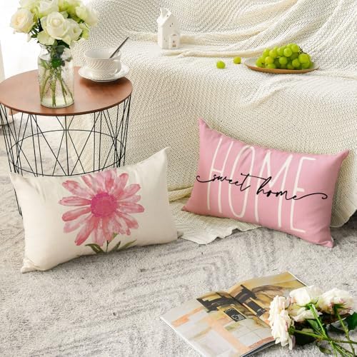 AVOIN colorlife Home Sweet Home Spring Summer Flowers Pink Throw Pillow Covers, 12 x 20 Inch Cushion Case for Sofa Couch Set of 4 - Image 4