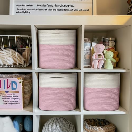 11x11 Cube Storage Bin - 3 Pack Woven Storage Cubes Organizer, 11 Inch Cotton Rope Baskets for Organizing, Decorative Square Shelf Baskets Closet Bins, Toy Boxes for Girls, Pink Room Decor - Image 3