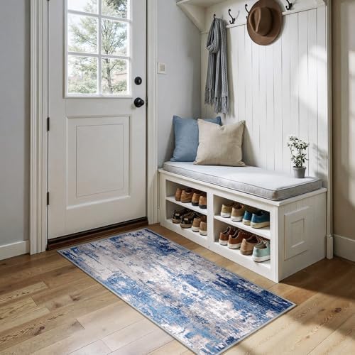 RELEANY Washable 2'x5' Abstract Area Rug for Living Room Blue Gray by RELEANY