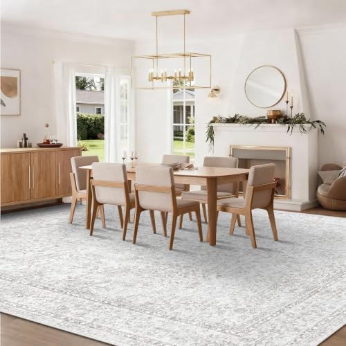 10x14 Area Rugs for Living Room: Washable Large Vintage Floral Rug Low Pile Non-Slip Boho Carpet for Bedroom Home Office Dining Room (FloralGrey, 10'x14') - Image 3