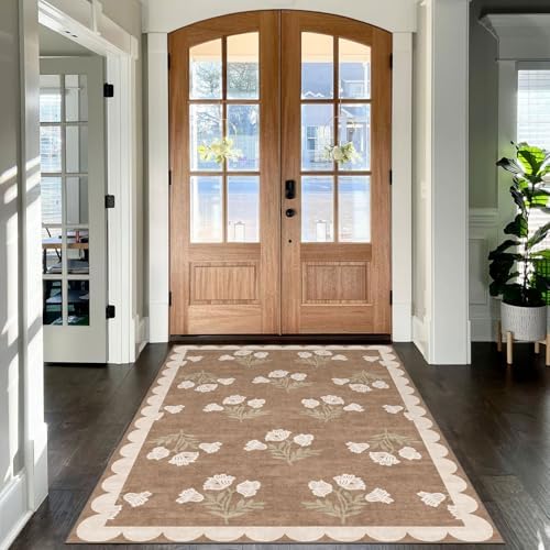 4x6 Covered Outdoor Patio Rug - Washable Front Door Mat Entry Rug Non-Slip Large Doormat Tan Brown Cottage Farmhouse Scalloped Area Rugs for Living Room Entryway Foyer Double Door Porch Decor - Image 3