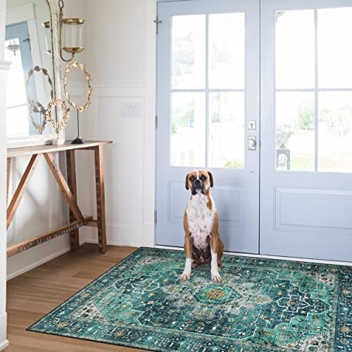 Moynesa Ultra-Thin Washable Vintage Area Rug - 3x5 Boho Entry Throw Rug Non-Slip Oriental Medallion Bedroom Mat Non-Shedding Indoor Floor Carpet for Living Laundry Room, Teal/Mutil - Image 6