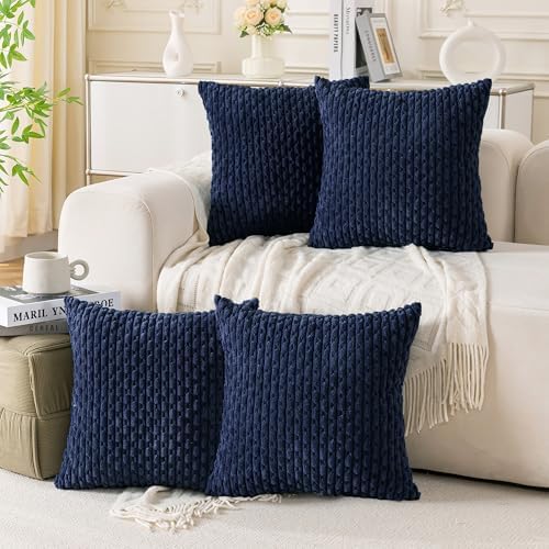 Set of 4 Navy Blue Decorative Throw Pillow Covers 18x18 Inch Corduroy Pillow Covers for Bed Couch Sofa Living Room Soft Square Cushion Cases by Cozoomy