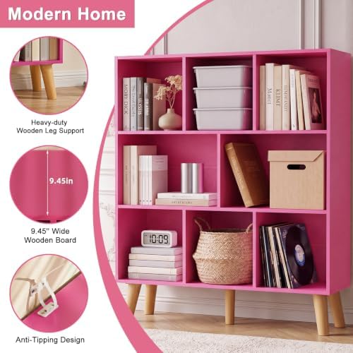 YAHARBO 8 Cube Bookshelf,3 Tier Bookcase with Legs,Pink Mid-Century Modern Bookshelves,Large Free Standing Open Storage Organizer Shelf,Tall Wooden Book Case Furniture for Bedroom,Living Room,Office - Image 5