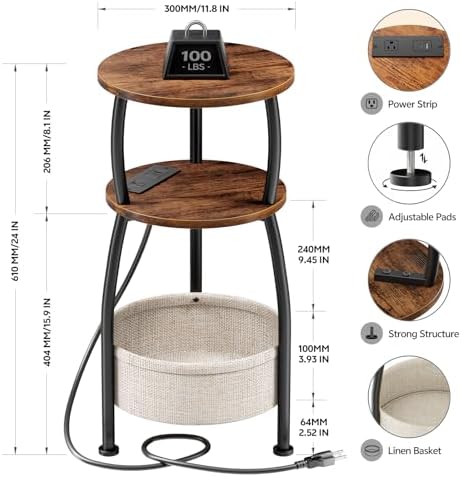 Side Table with Charging Station, Small Round End Table with Basket - Image 3