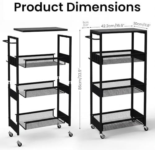 Rolling Utility Cart, 4 Tier Metal Storage Cart with Handle and Wood Top, Multifunctional Mobile Shelf Unit Organizer Trolley for Laundry, Bathroom, Kitchen - Image 7