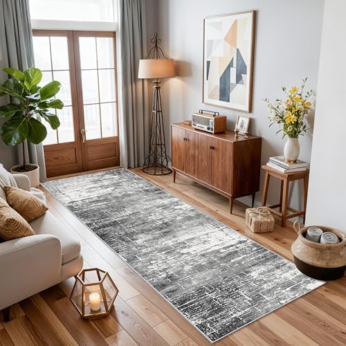 Washable 2x5 Kitchen Area Rug: Non-Slip Abstract Water-Resistant Entryway Rug Soft Sink Fridge Area Bedroom Carpet Low Pile Floor Mat for Bathroom Laundry Nursery Non-Shedding Runner(2X5,Black/Grey) - Image 4