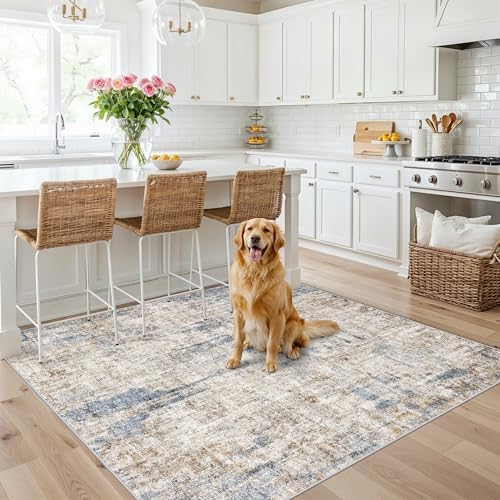 5x5 Square Entryway Rug Washable – Non-Slip Small Area Rug for Kitchen or Bathroom, Soft Low-Pile Indoor Mat, Modern Abstract Thin Door Carpet (Blue Brown) - Image 3