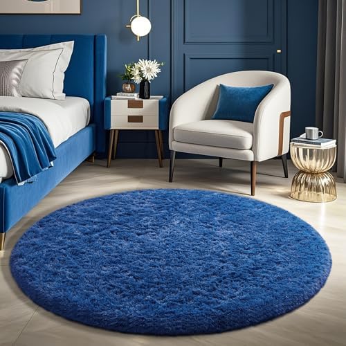 Ophanie Round Rug 5Ft Blue Circle Area Rug, Boys Room Decor, Fluffy Fuzzy Bedroom Carpet, Plush Soft Shaggy Living Room Rugs for Home Aesthetic with Over 99 pcs Pile fibers by Ophanie
