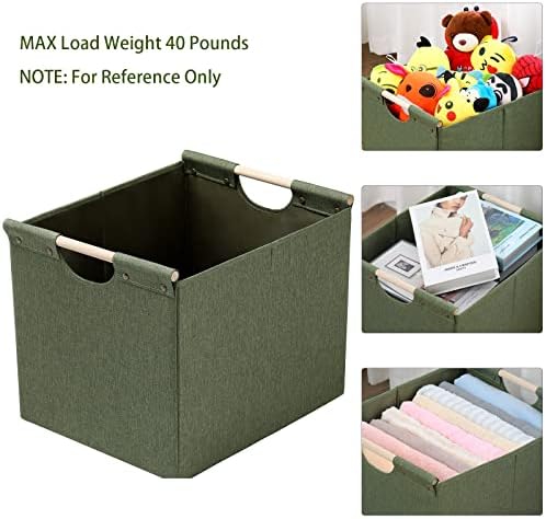 HOONEX Large Collapsible Storage Bins, Linen Fabric, Pack of 2, Storage Baskets with Wooden Carry Handles and Sturdy Heavy Cardboard, for Home, Office, Car, Nursery, Olive - Image 2