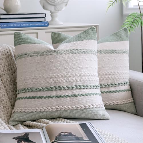 Cethom Boho Throw Pillow Covers 18x18 Inch Set of 2, Sage Green Textured Decorative Couch Pillow Cases for Farmhouse Home Decor, Accent Cushion Cover for Sofa, Bed, Living Room, Bedroom by Cethom