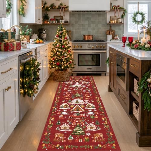 Red 2x6 Kitchen Runner Rug: Non-Slip Printed Hallway Christmas Tree Rugs Washable Low Pile Water Resistant Entryway Bathroom Floor Carpet Soft Mat for Bedroom Bathroom Distressed Beside Rug（2x6，Red） by HYHAOYUNLAI