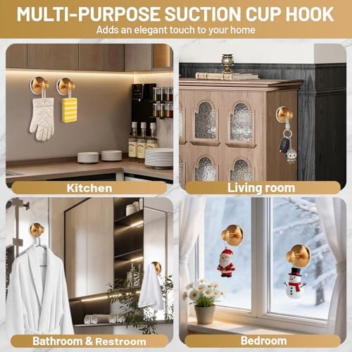 Suction Cup Hooks for Shower No-Drill Bathroom Hooks for Towels, Robes, Loofah Mountable on Bathroom Walls, Kitchen, Glass, Mirrors, Tile and Smooth,Non-Porous Surfaces (2, Champagne Bronze) - Image 4