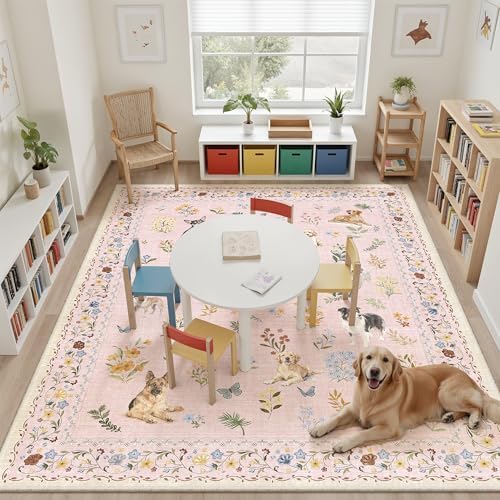Soalmost Dog 9x12 Pink Area Rugs for Baby Girl Nursery, Washable Soft Rug - Image 2