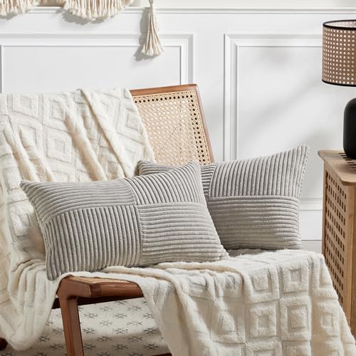 Fancy Homi 2 Packs Neutral Grey Lumbar Decorative Throw Pillow Covers 12x20 Inch for Living Room Couch Bed Sofa, Farmhouse Home Decor, Soft Striped Corduroy Rectangle Accent Cushion Case 30x50 cm by Fancy+Homi