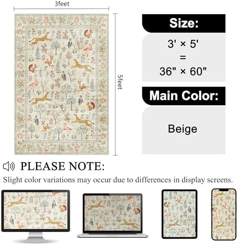 DUKINO 3x5 Rug, Washable Animal Area Rug for Bedroom Non Slip, Beige - Image 2