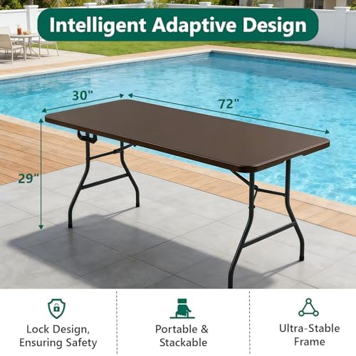 6FT Folding Table, Heavy Duty Plastic Fold-in-Half Utility Table with Handle, Portable Camping Picnic Table with Steel Legs for Indoor Outdoor Party, Dining, Brown,2 Pack - Image 3