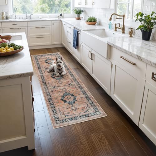 Washable 2x5 Hallway Runner Rug: Indoor Vintage Water Resistant Kitchen Entryway Rug Soft Living Room Bedroom Carpet Thin Low Pile Non Slip Floor Mat for Bathroom Laundry Dining Room(2X5,Orange) by HYHAOYUNLAI