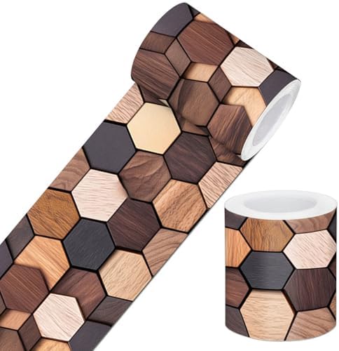 IVN Wallpaper Border Peel and Stick Wall Rustic Wood Hexagon 4x196 Inch | Wall Trim Self Adhesive Borders for Walls Mirror Border Frame Accent Strip for Bedroom Kitchen LivingRoom Decor by IVN