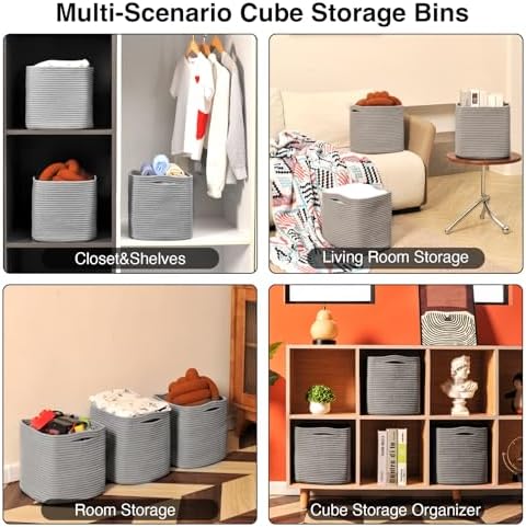 ICERZCZ 11 Inch Cube Storage Bins, Storage Cube Organizer Bins, Woven Cotton Rope Basket for Storage, Storage Baskets for Organizing Shelves, Grey Baskets for Toys Nursery, Grey (Pack of 3) - Image 4