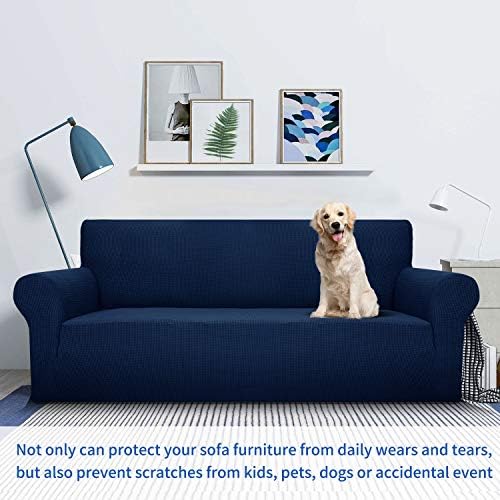 MAXIJIN Super Stretch Couch Cover for 3 Cushion Couch, 1-Piece Universal Sofa Covers Living Room Jacquard Spandex Furniture Protector Dogs Pet Friendly Fitted (Large, Navy Blue) - Image 2