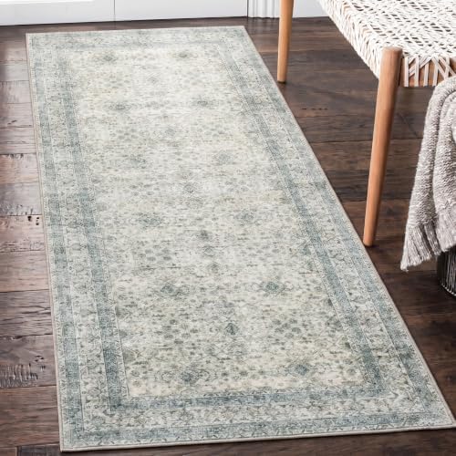 ReaLife Rugs Machine Washable Area Rug Runner - Living Room Bedroom Bathroom Kitchen Entryway Office - Padded Low Pile Stain Resistant Premium - Boho Farmhouse Vintage - BEV - Green 2'6" x 6' by ReaLifeRugs