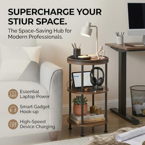Small Round Side Table with Charging Station for Small Spaces, Rustic Brown - Image 5