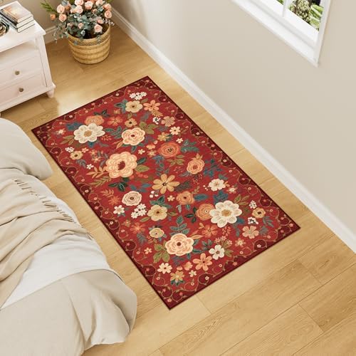 DUKINO 2x4 Entryway Rug, Floral Washable Kitchen Rugs Non Slip, Red - Image 3