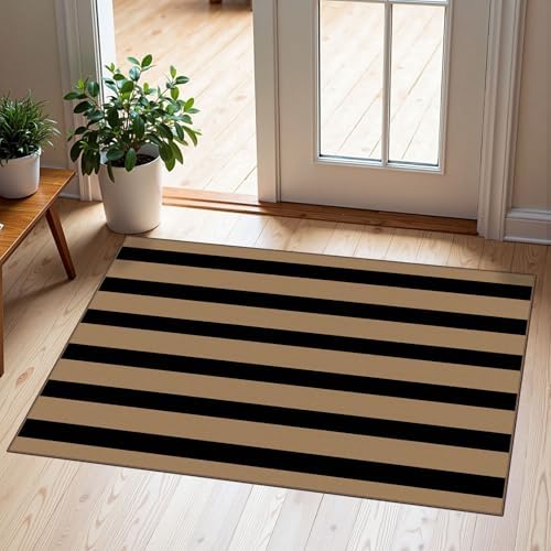 Front Door Mat Indoor Outside Entrance 2x3 Black Tan Striped Rug by Othilic
