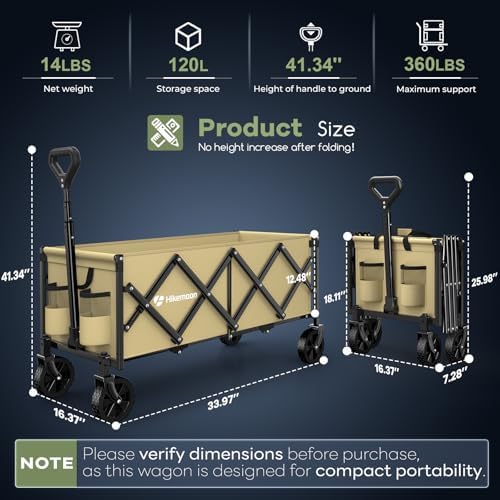 HIKEMOON 34'' Extra Long Folding Portable Wagon Cart, 120L 360LBS Khaki - Image 2