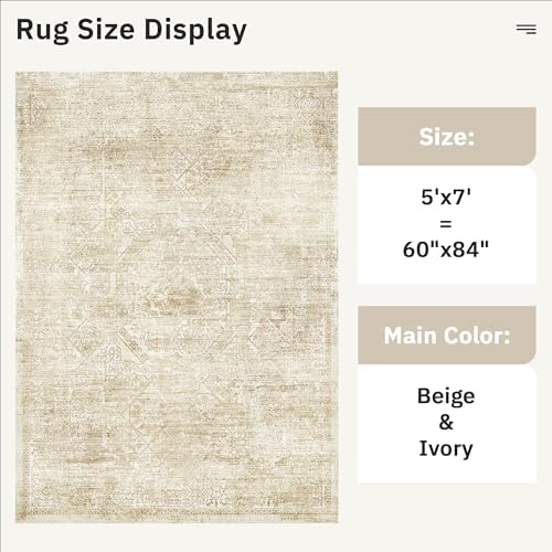 Soalmost 5x7 Area Rugs Beige/Ivory Washable Trendy Faded Style Floral Rugs - Image 3