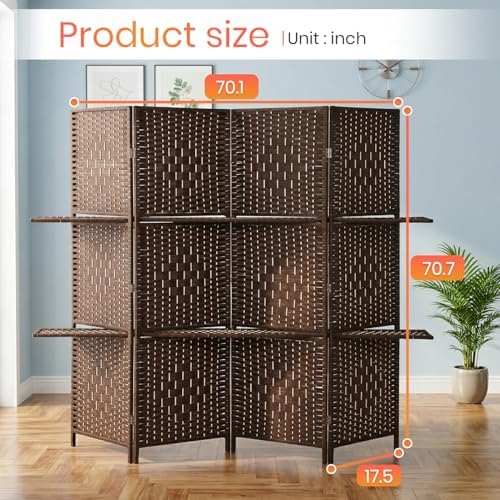 FDW | 4 Panel Folding Room Divider with Shelves | 5.9ft, Rustic Brown - Image 2