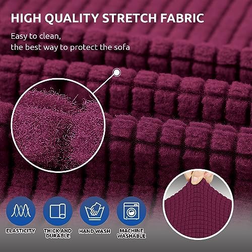 KEKUOU Stretch Couch Covers for Sofa, 3 Cushion Couch Slipcover,Wine - Image 5